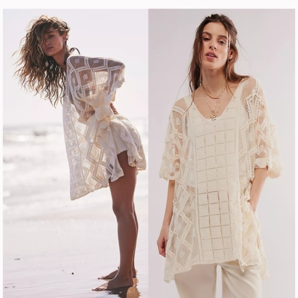Free People Sunshine Crochet Caftan one size oversized ivory white new boho